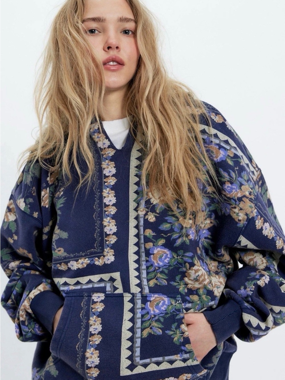 Free People It's A Vibe Printed Hoodie We The Free Floral Dark Blue Combo XS NW